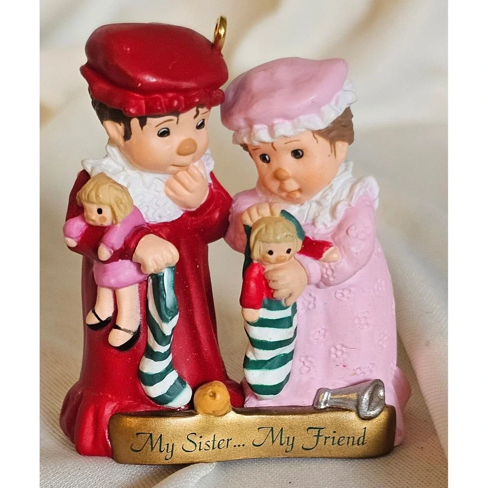 VTG Hallmark Ornament 1999 My Sister My Friend Red Pink Girls Dolls Stockings